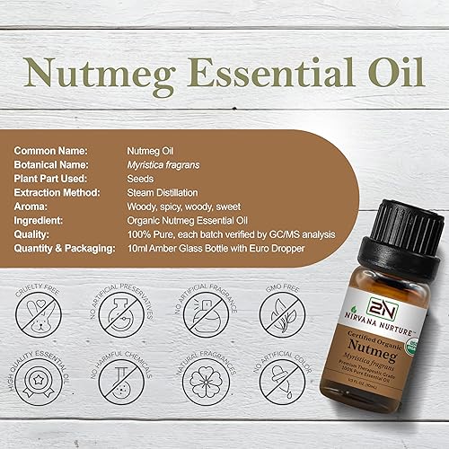 NIRVANA NURTURE USDA ORGANIC NUTMEG ESSENTIAL OIL - 100 PURE, NATURAL, PREMIUM GRADE, UNDILUTED