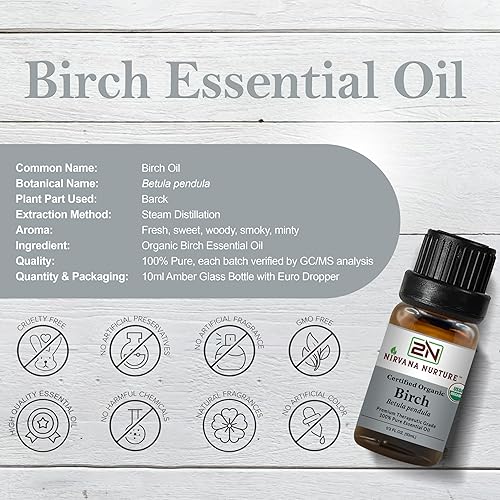 NIRVANA NURTURE USDA ORGANIC BIRCH ESSENTIAL OIL 100 PURE, NATURAL, PREMIUM GRADE, UNDILUTED