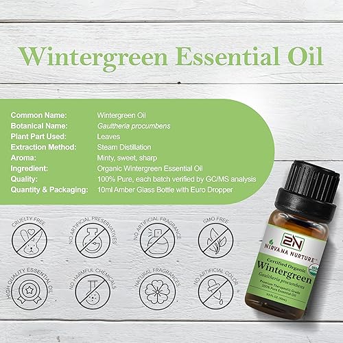 NIRVANA NURTURE WINTERGREEN ESSENTIAL OIL USDA ORGANIC 100 PURE NATURAL PREMIUM GRADE UNDILUTED