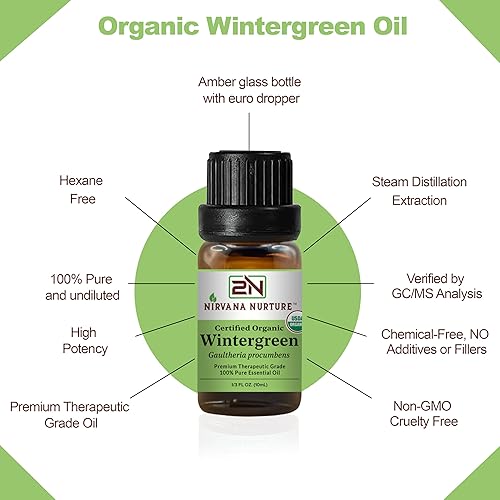 NIRVANA NURTURE WINTERGREEN ESSENTIAL OIL USDA ORGANIC 100 PURE NATURAL PREMIUM GRADE UNDILUTED