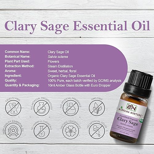 NIRVANA NURTURE CLARY SAGE ESSENTIAL OIL USDA ORGANIC 100 PURE NATURAL PREMIUM GRADE UNDILUTED