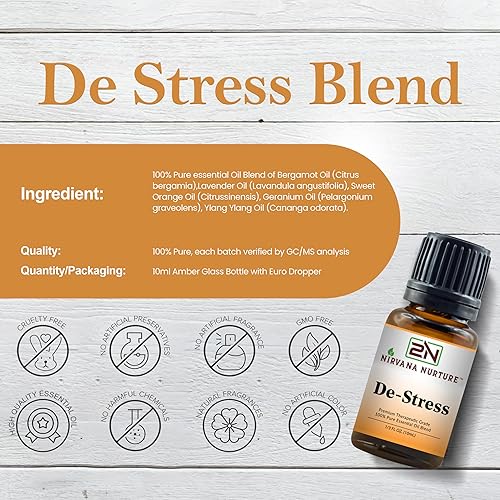 NIRVANA NURTURE DE STRESS BLEND 100 PURE NATURAL AROMATHERAPY OIL PREMIUM GRADE, UNDILUTED, MOOD BOOSTER