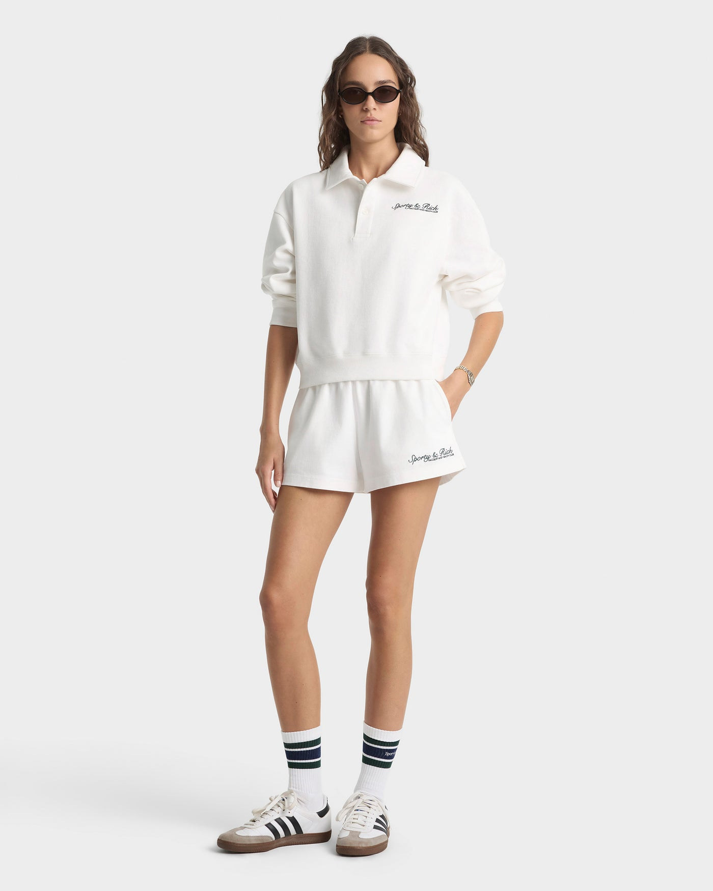 SPORTY&RICH SYRACUSE EMBROIDERED DISCO SHORT - WHITE