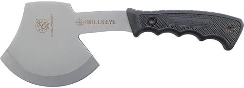 SMITH WESSON BULLSEYE HATCHET FIXED BLADE GUTHOOK KNIFE COMBO - STAINLESS STEEL, RUBBER HANDLE, OUTD