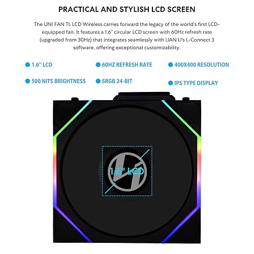LIAN LI UNI FAN TL LCD 120MM WIRELESS ARGB FAN SINGLE PACK BLACK NO CONTROLLER INCLUDED