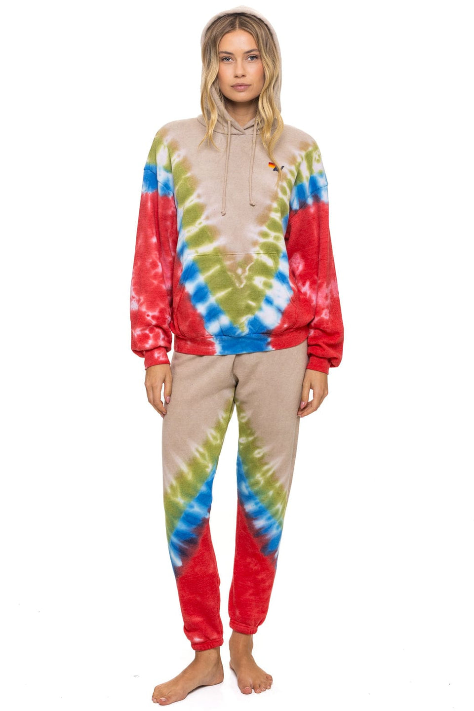 AVIATOR NATION  HAND DYED V RELAXED PULLOVER HOODIE - TIE DYE SAND // BLUE RED