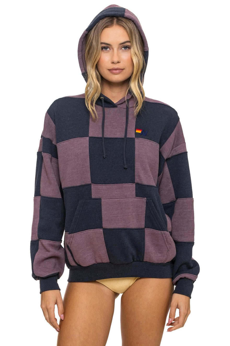 AVIATOR NATION CHECK QUILT RELAXED PULLOVER HOODIE - CHARCOAL // MOCHA