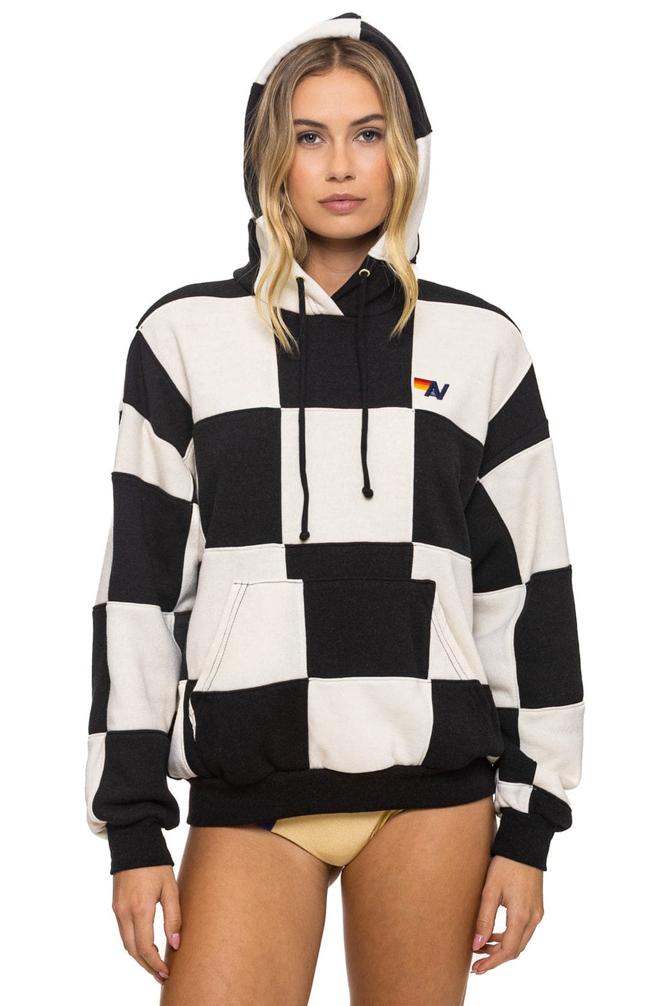 AVIATOR NATION CHECK QUILT RELAXED PULLOVER HOODIE - VINTAGE WHITE // BLACK