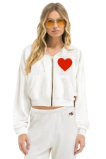 AVIATOR NATION HEART STITCH RELAXED CROP ZIP HOODIE - WHITE