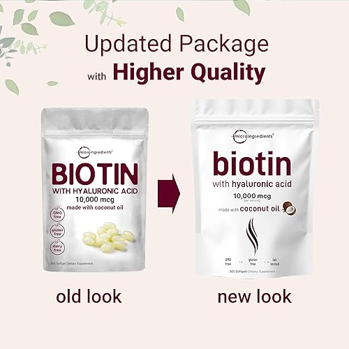 MICRO INGREDIENTS BIOTIN 10,000MCG WITH HYALURONIC ACID 25MG - 365 VIRGIN COCONUT OIL SOFTGELS, NON-