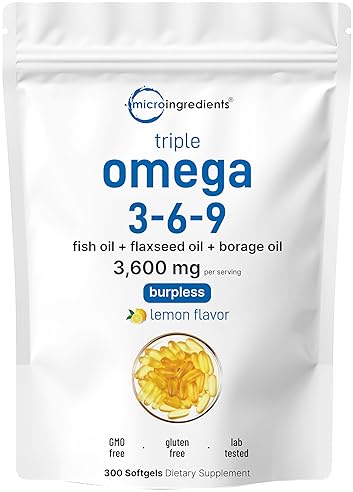 MICRO INGREDIENTS  ULTRA OMEGA 3-6-9 3600MG, 300 BURPLESS LEMON SOFTGELS FISH, FLAXSEED, BORAGE OILS, NON-GMO
