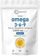 MICRO INGREDIENTS  ULTRA OMEGA 3-6-9 3600MG, 300 BURPLESS LEMON SOFTGELS FISH, FLAXSEED, BORAGE OILS, NON-GMO