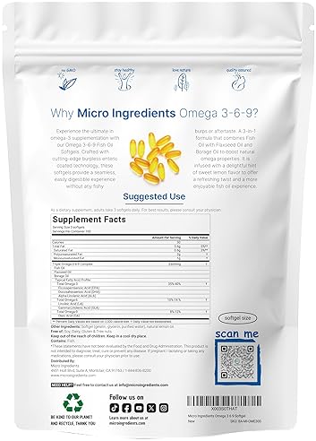 MICRO INGREDIENTS  ULTRA OMEGA 3-6-9 3600MG, 300 BURPLESS LEMON SOFTGELS FISH, FLAXSEED, BORAGE OILS, NON-GMO