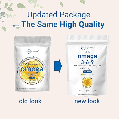 MICRO INGREDIENTS  ULTRA OMEGA 3-6-9 3600MG, 300 BURPLESS LEMON SOFTGELS FISH, FLAXSEED, BORAGE OILS, NON-GMO