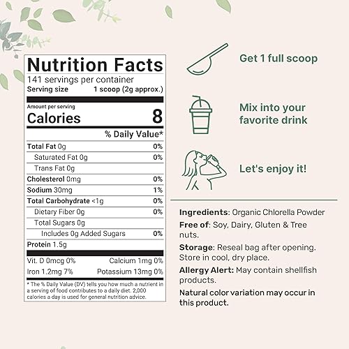 MICRO INGREDIENTS  ORGANIC CHLORELLA POWDER 10OZ - BROKEN CELL WALL, VEGAN PROTEIN VITAMIN RICH, RAW BULK