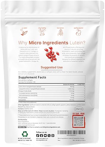 MICRO INGREDIENTS LUTEIN ZEAXANTHIN 40MG SOFTGELS 240CT WITH ASTAXANTHIN OMEGA-3 EYE HEALTH