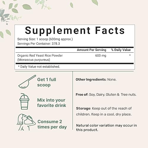 MICRO INGREDIENTS ORGANIC RED YEAST RICE POWDER 8OZ - NON-GMO, VEGAN, 1 YEAR SUPPLY FOR CHOLESTEROL SUPPORT