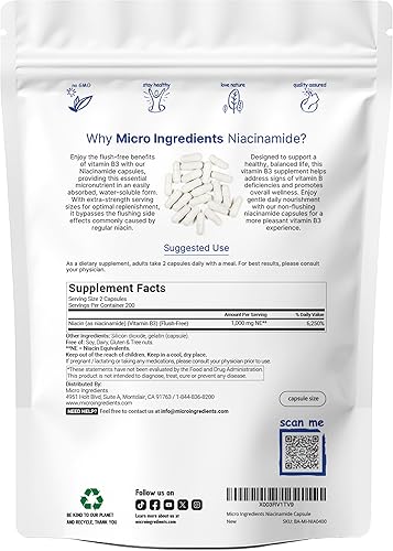 MICRO INGREDIENTS VITAMIN B3 NIACINAMIDE 500MG - 400 CAPSULES, 1000MG FLUSH-FREE NIACIN, NON-GMO, GLUTEN-FREE