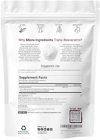 MICRO INGREDIENTS PURE TRANS-RESVERATROL POWDER WITH VITAMIN E - MICRONIZED 5OZ ANTIOXIDANT SUPPLEMENT