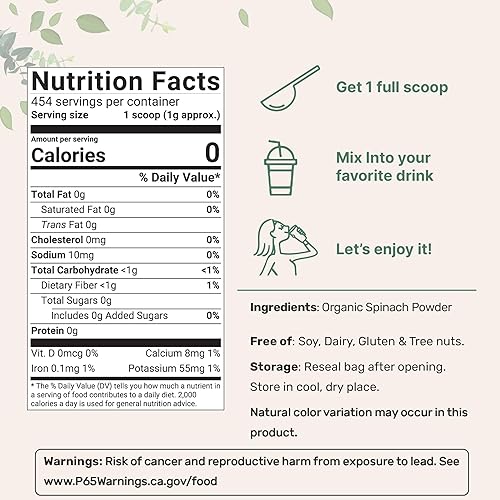 MICRO INGREDIENTS  ORGANIC US GROWN SPINACH POWDER 1LB FREEZE-DRIED, NON-GMO, VEGAN, RICH IN NUTRIENTS