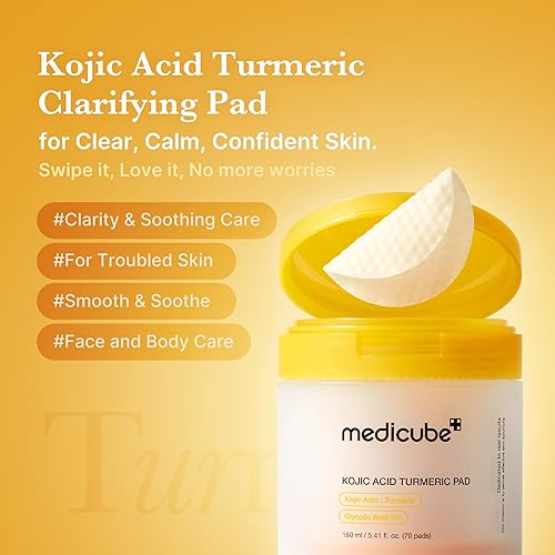 MEDICUBE KOJIC ACID TURMERIC TONER PADS FOR TROUBLED SKIN, SOOTHING CLARIFYING, 70 PADS