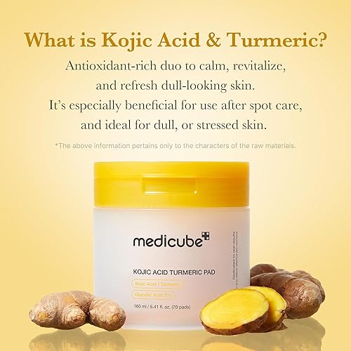 MEDICUBE KOJIC ACID TURMERIC TONER PADS FOR TROUBLED SKIN, SOOTHING CLARIFYING, 70 PADS