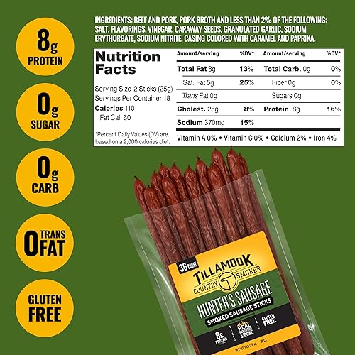 TILLAMOOK COUNTRY SMOKER HUNTERS SMOKED SAUSAGE, 16OZ, 36 COUNT MEAT STICKS, KETO SNACK