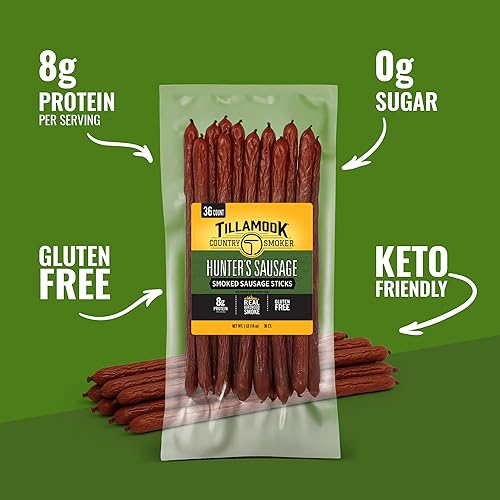 TILLAMOOK COUNTRY SMOKER HUNTERS SMOKED SAUSAGE, 16OZ, 36 COUNT MEAT STICKS, KETO SNACK