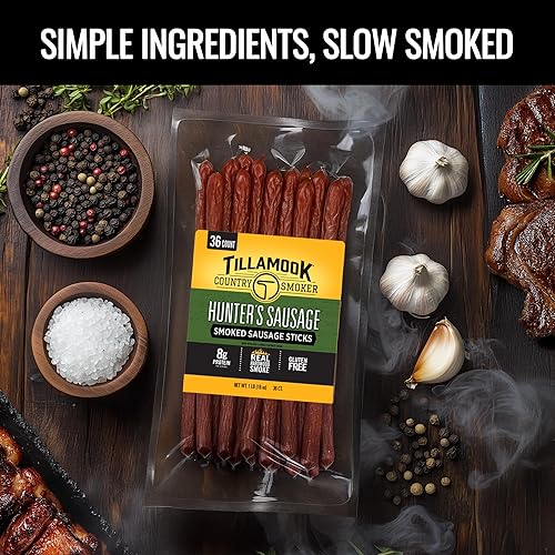 TILLAMOOK COUNTRY SMOKER HUNTERS SMOKED SAUSAGE, 16OZ, 36 COUNT MEAT STICKS, KETO SNACK
