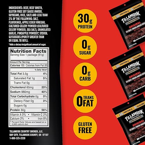 TILLAMOOK ZERO SUGAR BEEF JERKY 3-PACK, HARDWOOD SMOKED ANGUS, KETO, LOW CARB, GLUTEN-FREE