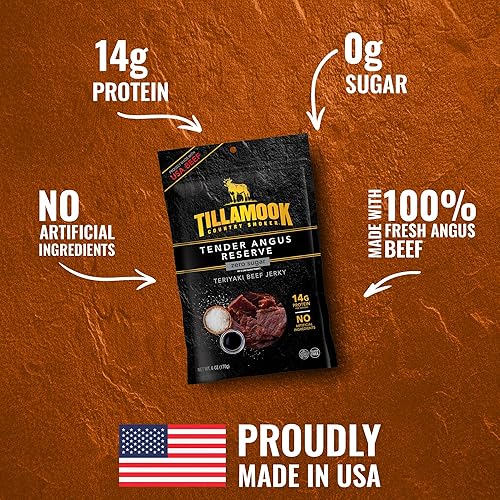 TILLAMOOK COUNTRY SMOKER ANGUS TERIYAKI BEEF JERKY 6OZ SLOW-SMOKED, GLUTEN-FREE, HIGH PROTEIN