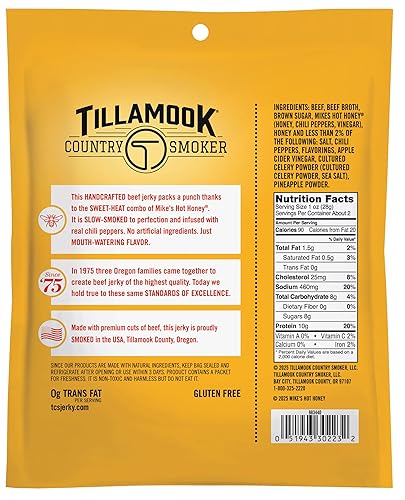 TILLAMOOK COUNTRY SMOKER MIKES HOT HONEY BEEF JERKY 2.2OZ - HARDWOOD SMOKED, LOW CARB, HIGH PROTEIN