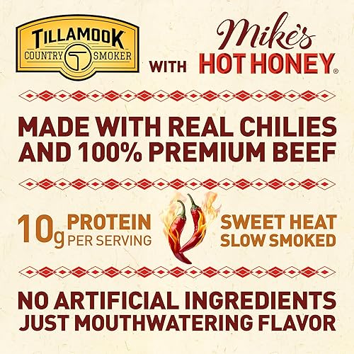 TILLAMOOK COUNTRY SMOKER MIKES HOT HONEY BEEF JERKY 2.2OZ - HARDWOOD SMOKED, LOW CARB, HIGH PROTEIN