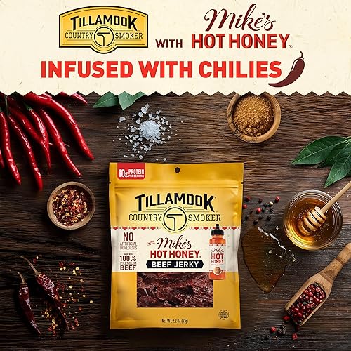 TILLAMOOK COUNTRY SMOKER MIKES HOT HONEY BEEF JERKY 2.2OZ - HARDWOOD SMOKED, LOW CARB, HIGH PROTEIN
