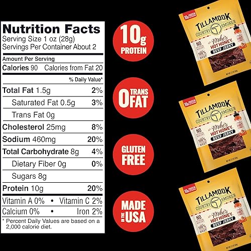 TILLAMOOK COUNTRY SMOKER MIKES HOT HONEY BEEF JERKY 2.2OZ - HARDWOOD SMOKED, LOW CARB, HIGH PROTEIN