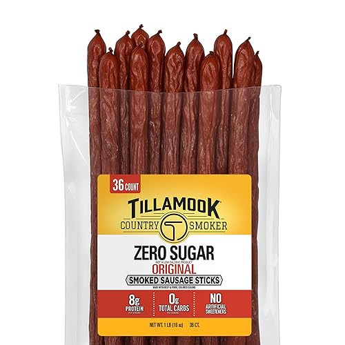 TILLAMOOK COUNTRY SMOKER ZERO SUGAR SMOKED SAUSAGE, 36 COUNT, LOW CARB HIGH PROTEIN KETO SNACK