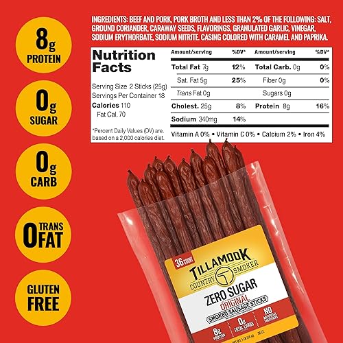 TILLAMOOK COUNTRY SMOKER ZERO SUGAR SMOKED SAUSAGE, 36 COUNT, LOW CARB HIGH PROTEIN KETO SNACK