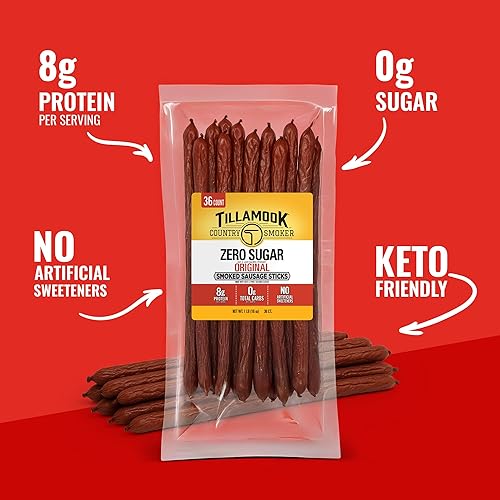 TILLAMOOK COUNTRY SMOKER ZERO SUGAR SMOKED SAUSAGE, 36 COUNT, LOW CARB HIGH PROTEIN KETO SNACK