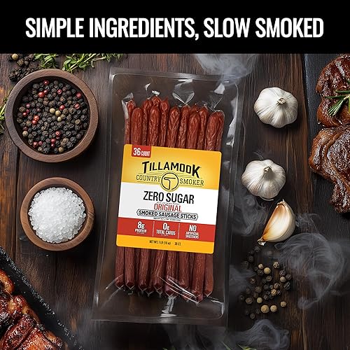 TILLAMOOK COUNTRY SMOKER ZERO SUGAR SMOKED SAUSAGE, 36 COUNT, LOW CARB HIGH PROTEIN KETO SNACK