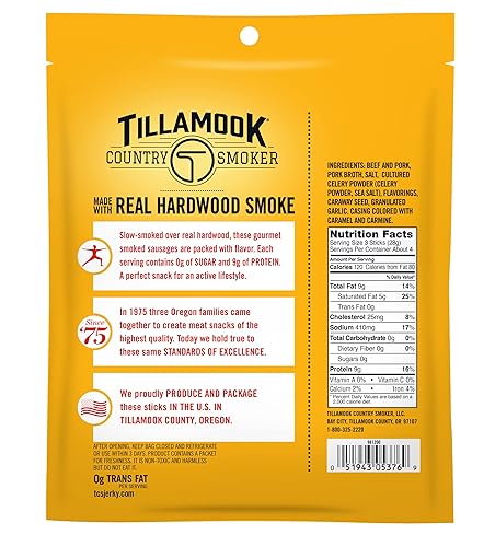 TILLAMOOK COUNTRY SMOKER ORIGINAL SMOKED SAUSAGES, ZERO SUGAR, GLUTEN FREE, 4OZ PACK OF 12