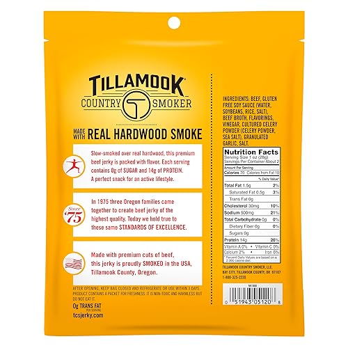 TILLAMOOK COUNTRY SMOKER ORIGINAL BEEF JERKY, GLUTEN FREE, ZERO SUGAR, 14G PROTEIN, 2.2OZ PACK OF 12