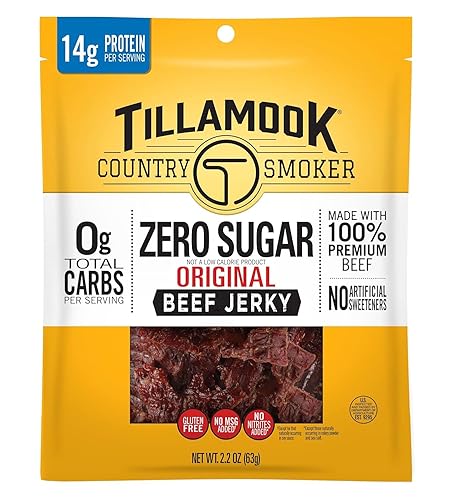 TILLAMOOK COUNTRY SMOKER ORIGINAL BEEF JERKY, GLUTEN FREE, ZERO SUGAR, 14G PROTEIN, 2.2OZ PACK OF 12
