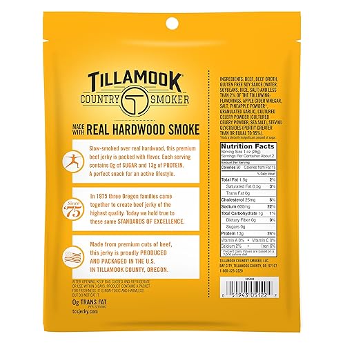 TILLAMOOK TERIYAKI BEEF JERKY 2.2OZ PACK OF 12 ZERO SUGAR, 13G PROTEIN, GLUTEN FREE
