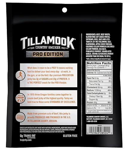 TILLAMOOK TERIYAKI BEEF JERKY PRO, ZERO SUGAR, LOW CARB, HIGH PROTEIN, KETO GLUTEN-FREE SNACK