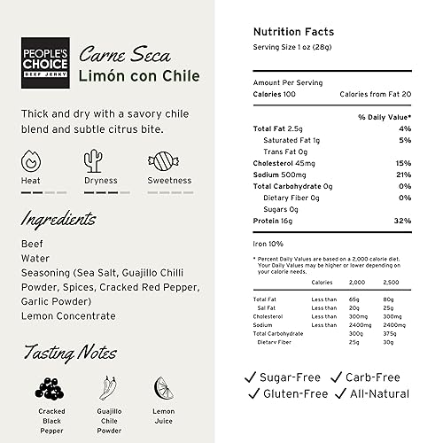 PEOPLE S CHOICE BEEF JERKY LIMóN CON CHILE 16G PROTEIN, SUGAR FREE, KETO, ZERO CARB 1 LB BAG