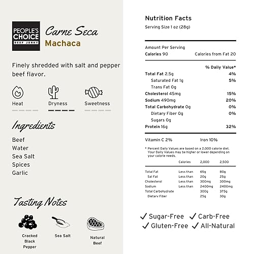 PEOPLE S CHOICE SUGAR-FREE BEEF JERKY CARNE SECA MACHACA HIGH PROTEIN, GLUTEN-FREE 1 LB