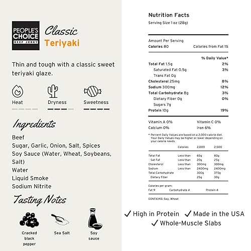 PEOPLE S CHOICE TERIYAKI BEEF JERKY THIN-SLICED WHOLE MUSCLE SLAB, 15 COUNT, 19.2 OZ BAG