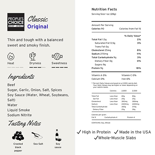 PEOPLE S CHOICE ORIGINAL BEEF JERKY BIG SLAB THIN-SLICED WHOLE MUSCLE, 9G PROTEIN, 15 COUNT