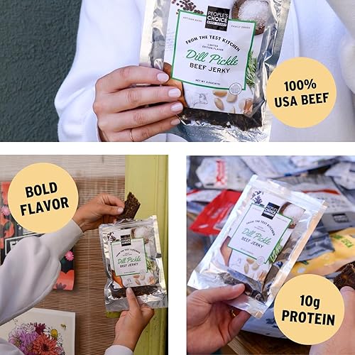 PEOPLE S CHOICE DILL PICKLE BEEF JERKY 13G PROTEIN, DRY TEXTURE, 1 LB BAG MADE IN USA