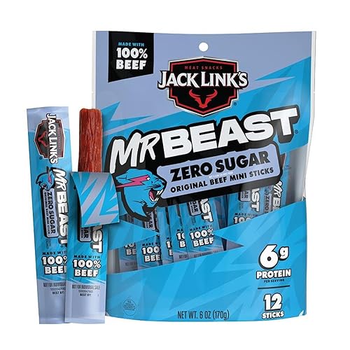 JACK LINK S X MRBEAST ZERO SUGAR MINI BEEF STICKS, 12 COUNT, 6G PROTEIN, 100 REAL BEEF SNACKS